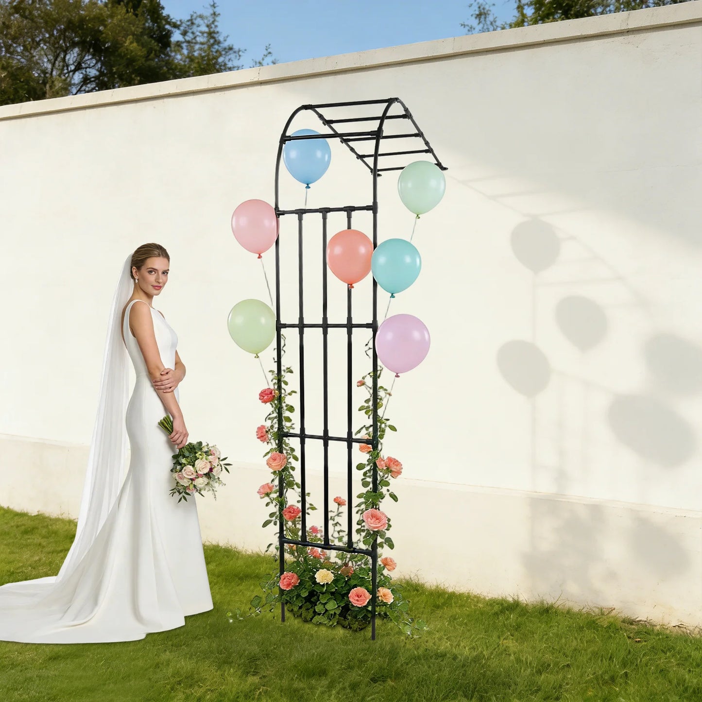 180*50*260cm Half Side Garden Arch Trellis, Steel Semi Arch Plant Climbing Support, Free Standing Wedding Arch Trellis For Plants To Climb On And Patio Balcony Lawn Decor