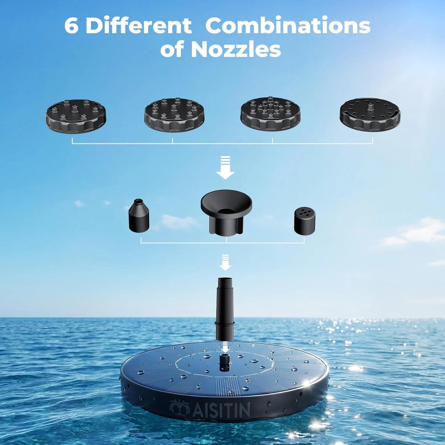  Solar Fountain with 6 Nozzles and 4 Crash Bars, High Water Spray&Stable Floating Solar Water Fountain Suitable for Bird Bath Garden Pond Fish Tank, Ideal Outdoor Landscape Decor