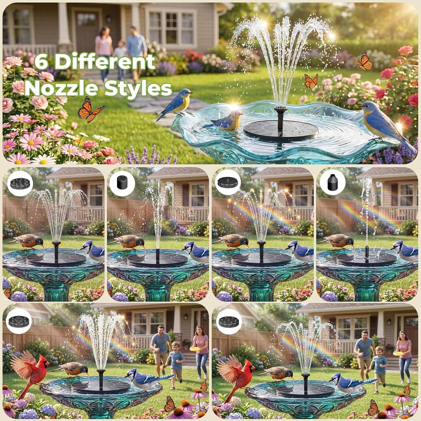  Solar Fountain with 6 Nozzles and 4 Crash Bars, High Water Spray&Stable Floating Solar Water Fountain Suitable for Bird Bath Garden Pond Fish Tank, Ideal Outdoor Landscape Decor