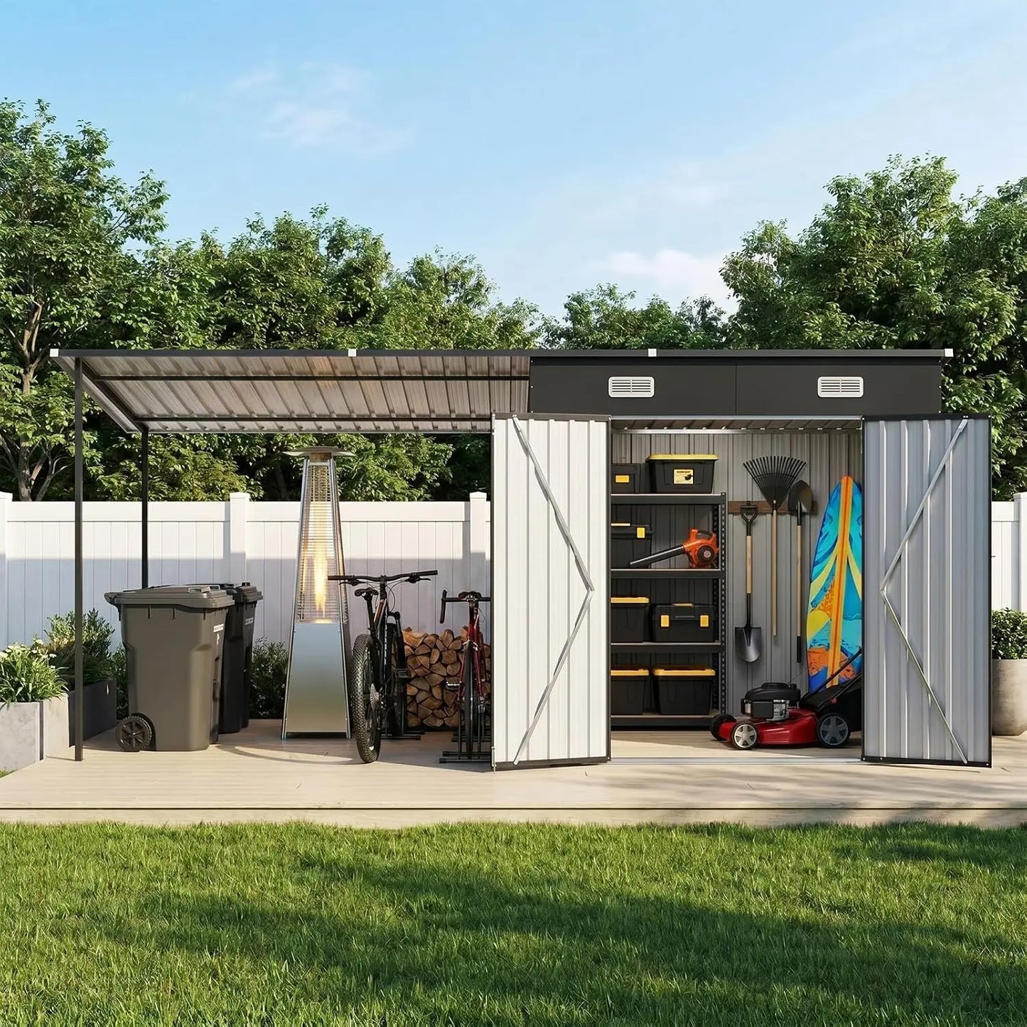 7x6FT Outdoor Storage Shed & Hardtop Canopy Gazebo Combo | 13.3x5.6FT Metal Lean to Shed, 2-in-1 Garden Bike Shed, Customized