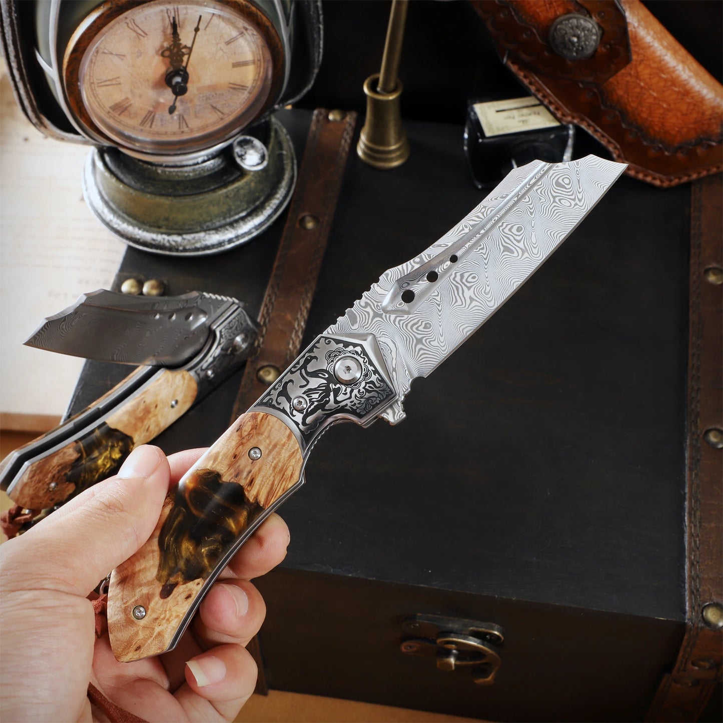 Damascus Steel Pocket Folding Knife With Resin Maple Handle
