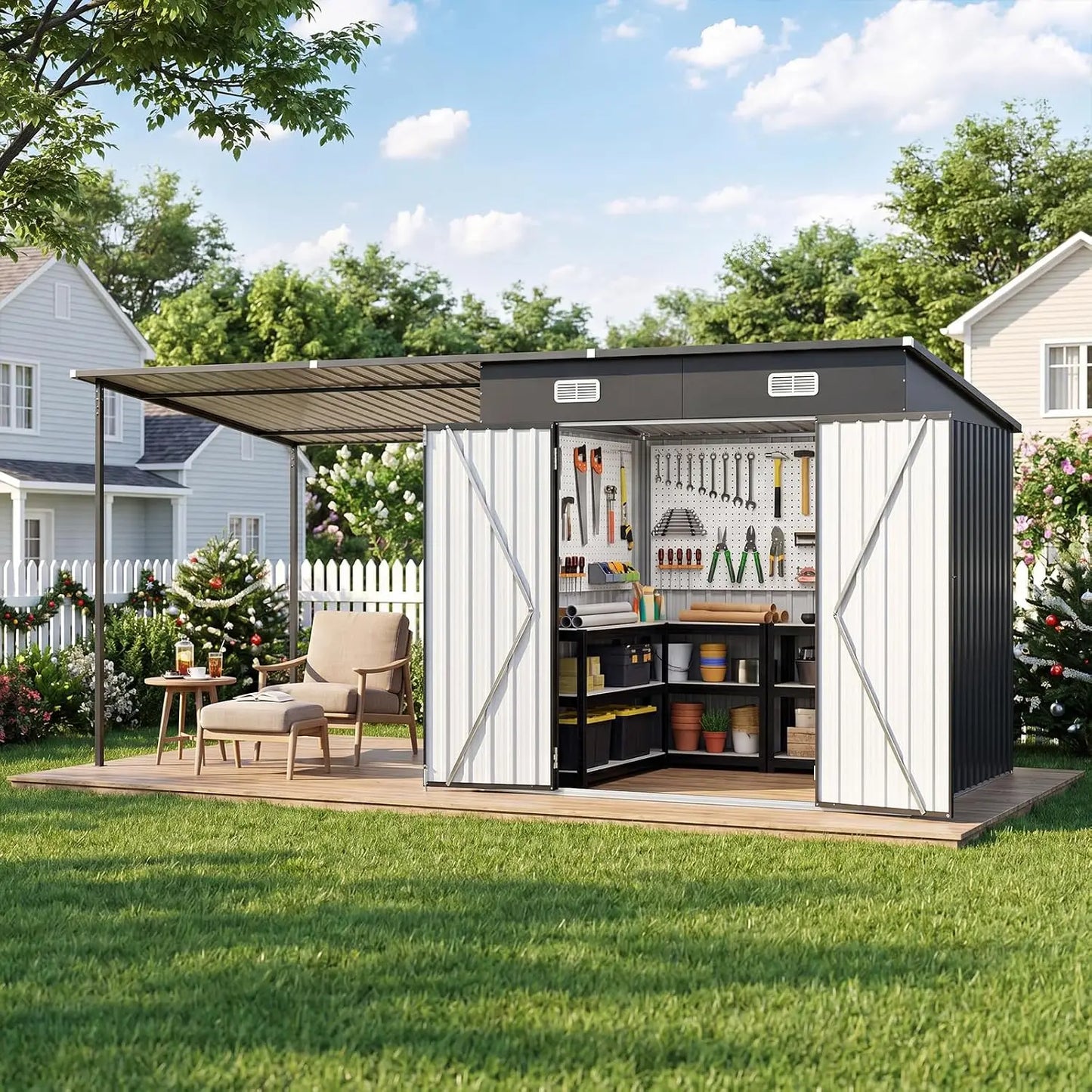 7x6FT Outdoor Storage Shed & Hardtop Canopy Gazebo Combo | 13.3x5.6FT Metal Lean to Shed, 2-in-1 Garden Bike Shed, Customized