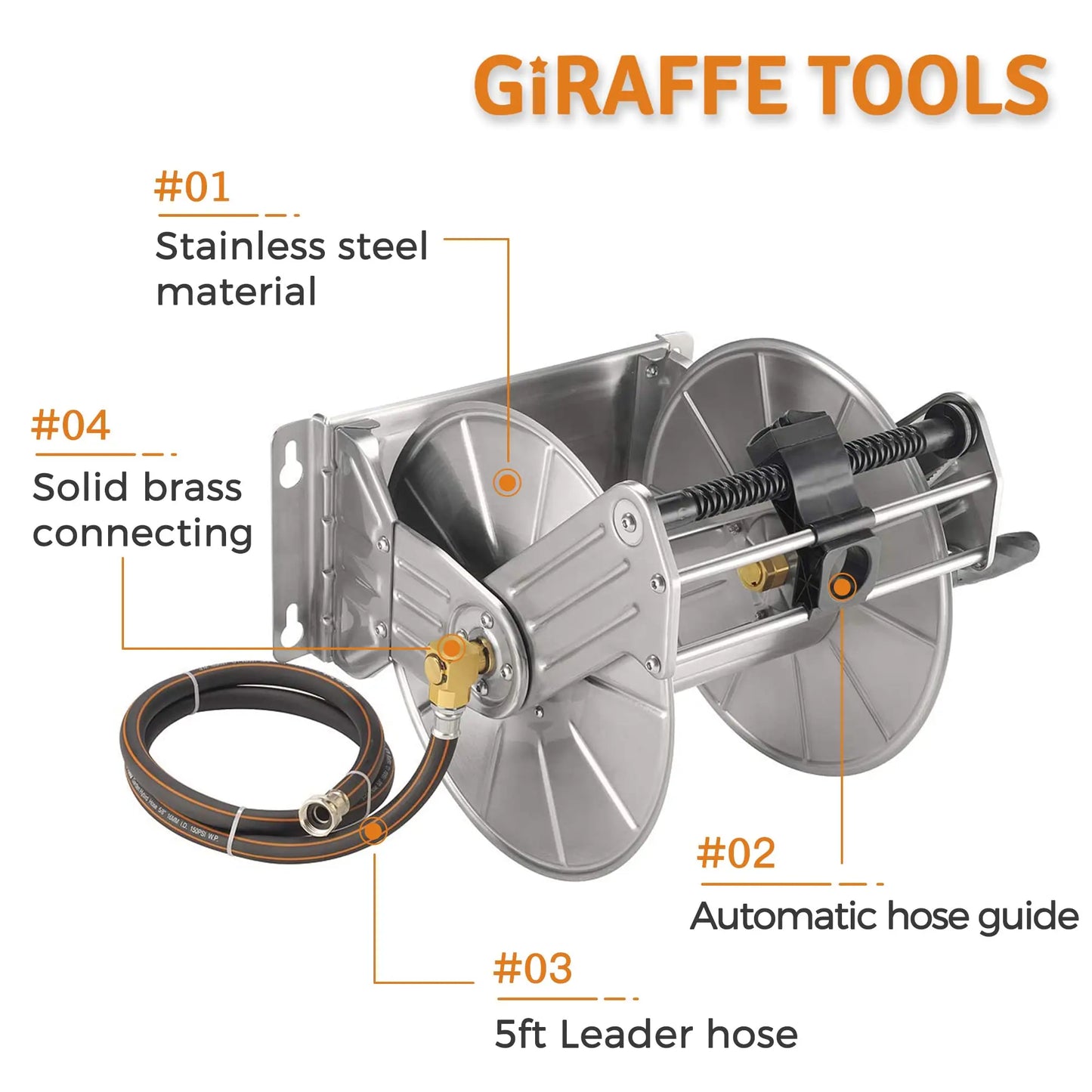Giraffe Tools Stainless Steel Garden Hose Reel Heavy Duty