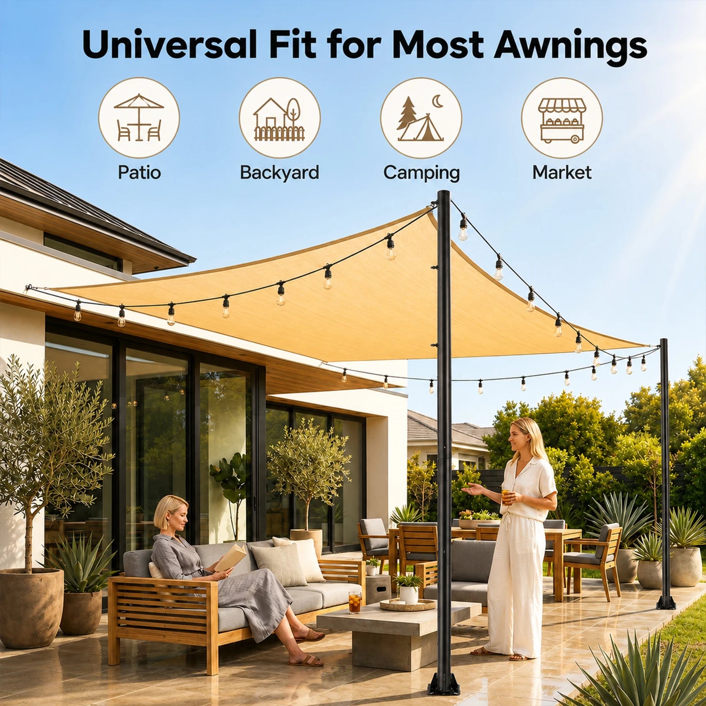 Sun Shade Poles | Rust Proof Thickened 10ft Diameter 2.3in Steel Post | Canopy Support Poles with Carabiner Hooks | for Outdoor Patio Garden Backyard Balcony Camping