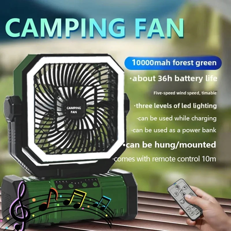 Outdoor Camping Fan With Bluetooth Speaker 20000mAh Battery And Hook