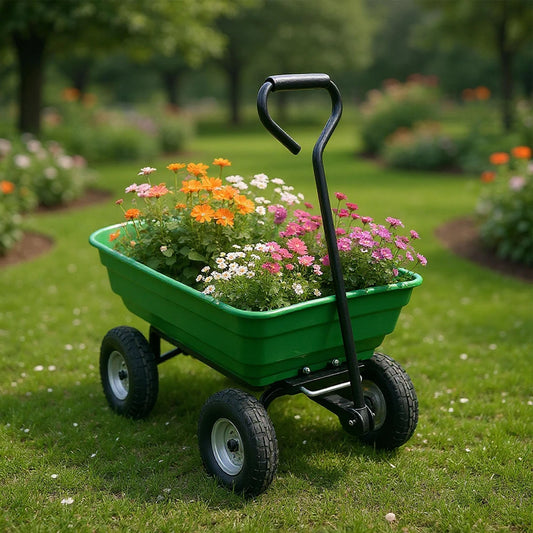 Heavy Duty 4 Wheel Garden Dump Cart 600 lb Utility Wheelbarrow Wagon With Poly Bed D-Handle For Yard Lawn Landscaping