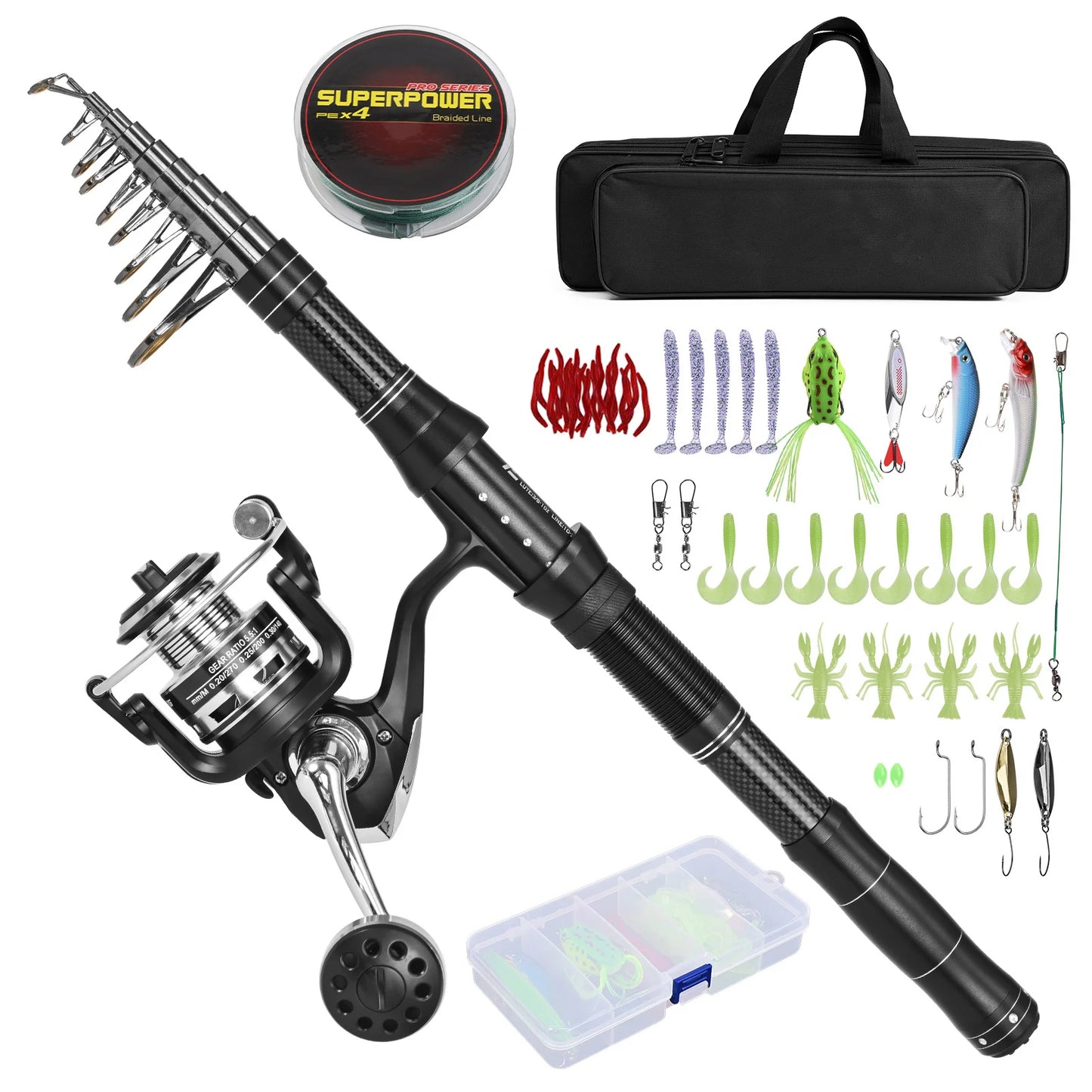 Telescopic Fishing Rod And Reel Kit With Lures Carry Bag