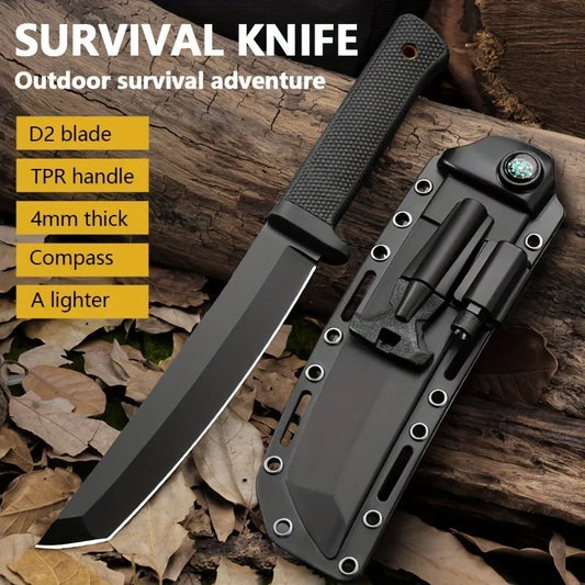 Survival Knife With Illuminated Sheath Compass Flint Rubber Handle