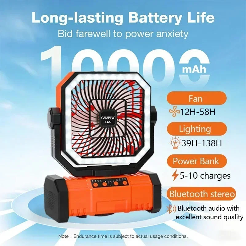 Outdoor Camping Fan With Bluetooth Speaker 20000mAh Battery And Hook