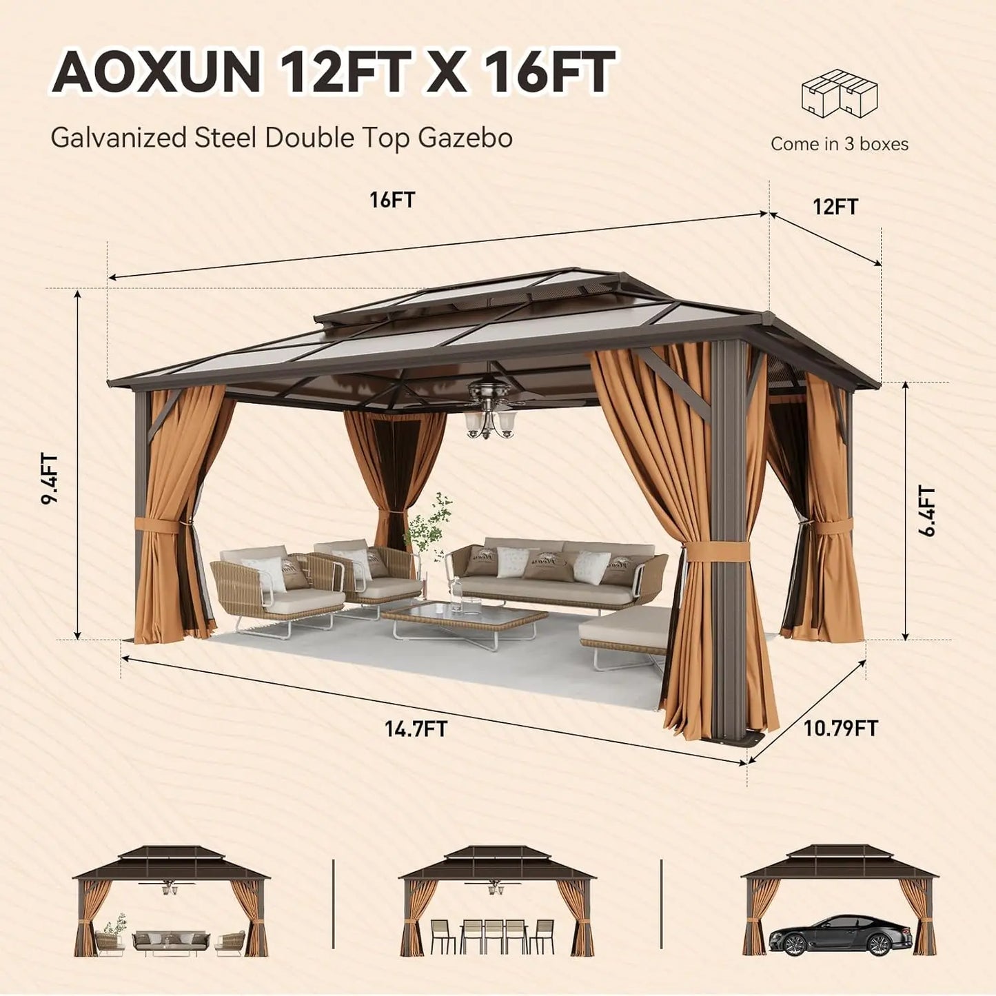 12x16 Hardtop Gazebo Outdoor Metal Double Polycarbonate Roof Netting Curtains Lawn Garden Patio Brown, Custom