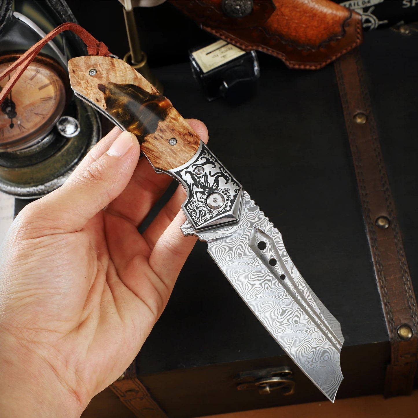 Damascus Steel Pocket Folding Knife With Resin Maple Handle