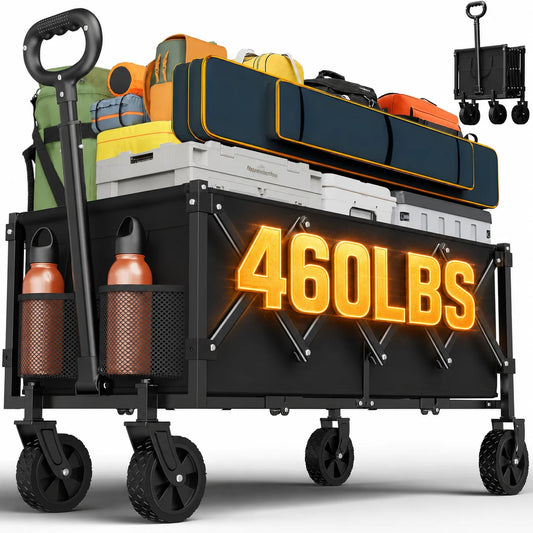 460 lbs Heavy Duty Foldable Wagon, Folding Utility Wagon with All Terrain Wheels, Adjustable Handles and Side Bags, Portable Outdoor Cart for Camping, Grocery, Garden, Sports and Beach