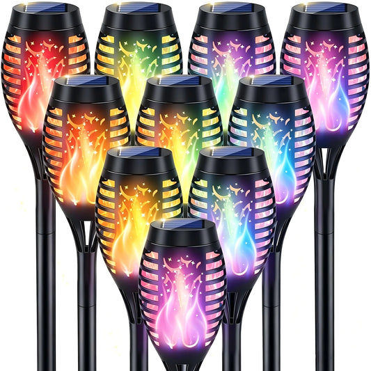 10Pack Solar Torch Light Outdoor Flickering Flame for Halloween Decorations | Solar Lights for Outside Halloween Decor, Waterproof Garden Light Solar Powered, Flame Torches for Yard Pathway Decorations