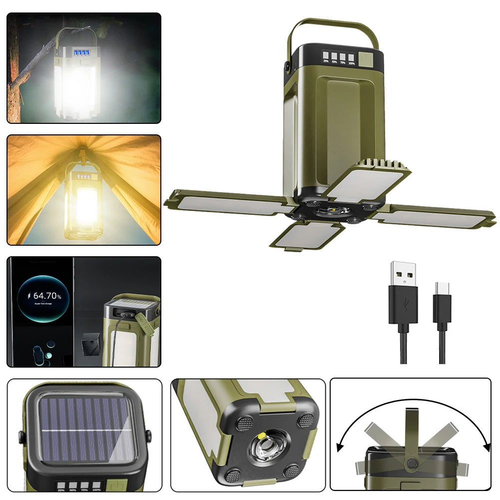 Foldable Camping Light Power Bank Solar Lantern Waterproof Portable Flashlight
