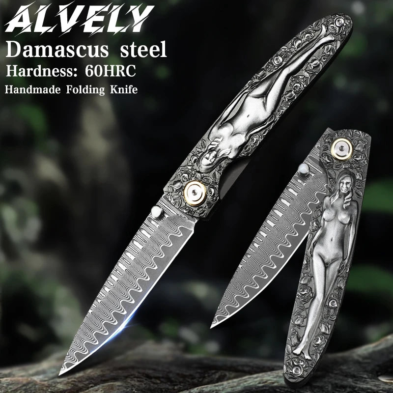 ALVELY Damascus Steel Folding Pocket Knife EDC Utility Knife