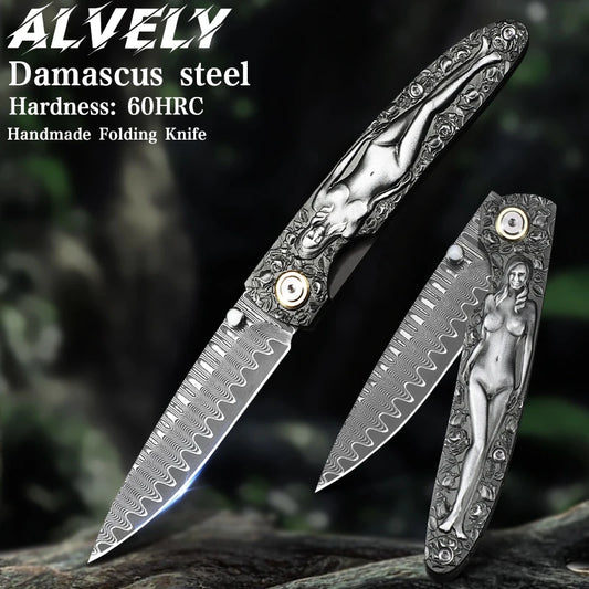 ALVELY Damascus Steel Folding Pocket Knife EDC Utility Knife