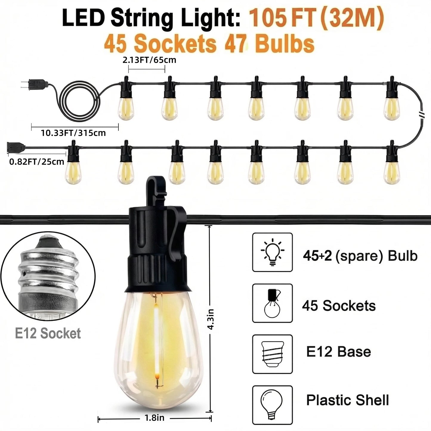 Outdoor String Lights LED Patio-Light - 105Ft/60FT/28FT Outside Waterproof Porch Lights With Shatterproof S14 Bulbs Outside Hanging Light Connectable Lighting For Gazebo Backyard Bistro Pergola And Camping, 2700K