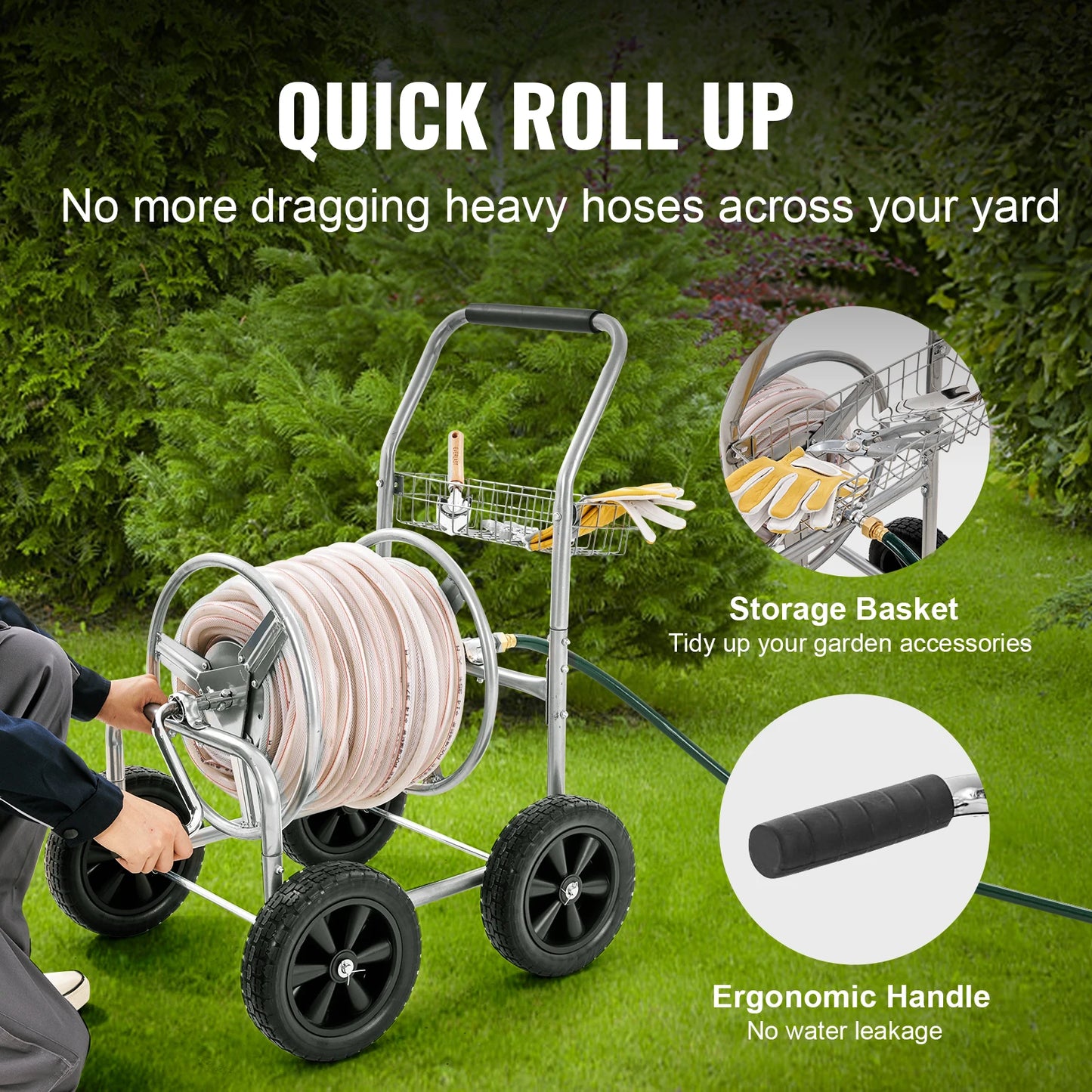 SucceBuy Hose Reel Cart Heavy Duty Steel Garden Hose With Basket