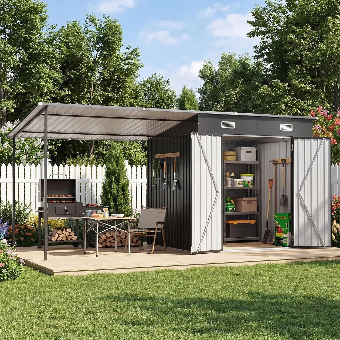 7x6FT Outdoor Storage Shed & Hardtop Canopy Gazebo Combo | 13.3x5.6FT Metal Lean to Shed, 2-in-1 Garden Bike Shed, Customized