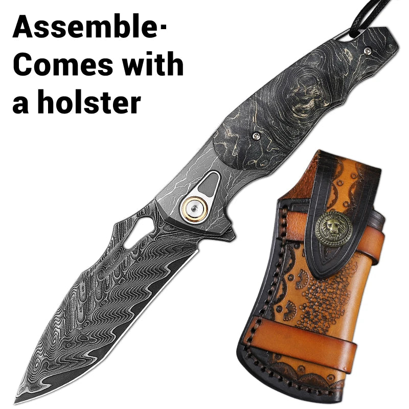 ALVELY DIY Supplies Folding Knife Damascus Steel Outdoor EDC Camping Hunting