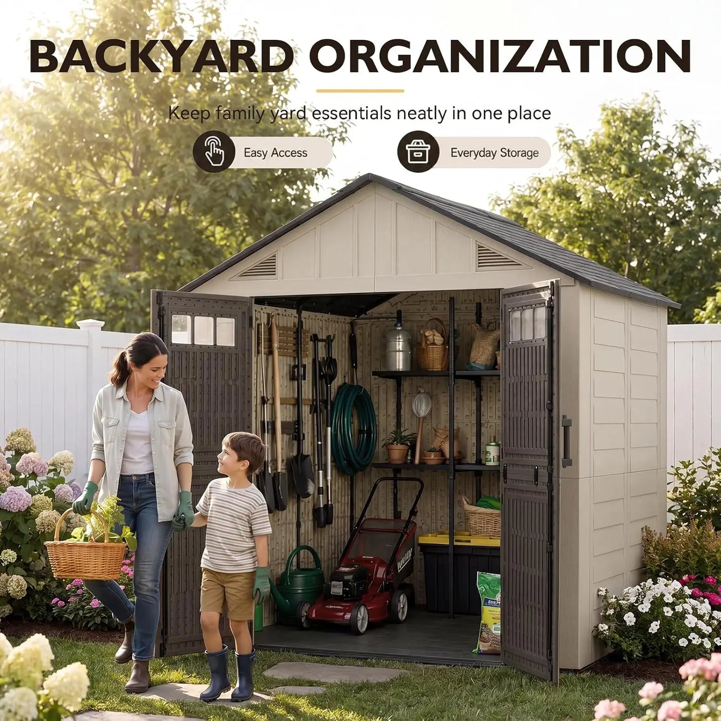 8x6ft Large Resin Outdoor Storage Shed with Floor, Lockable Door & Windows, HDPE for Garden, Custom