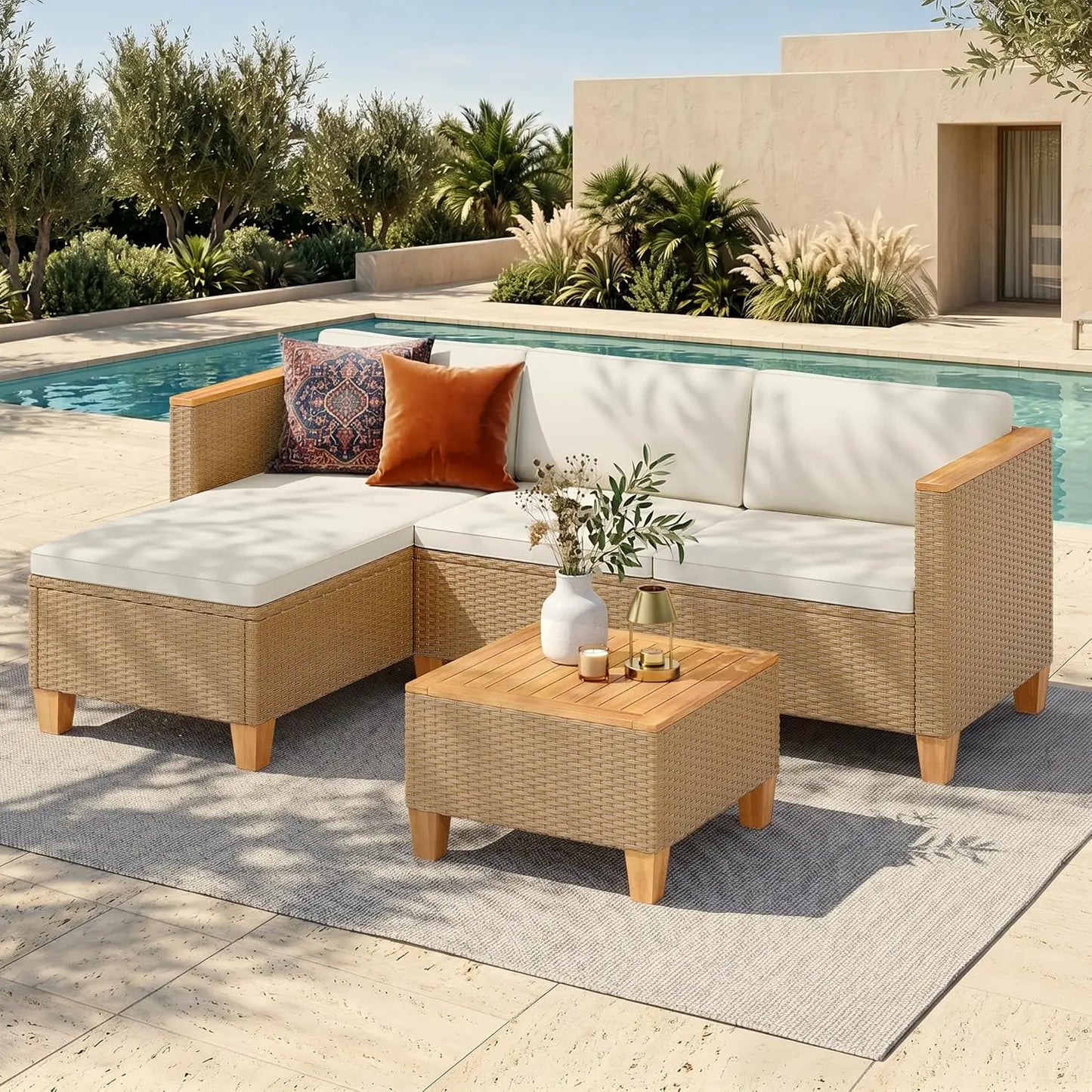 3-Piece Yellow Rattan Wicker Patio Set, Small Outdoor Sectional Conversation Set with Sofa, Customized