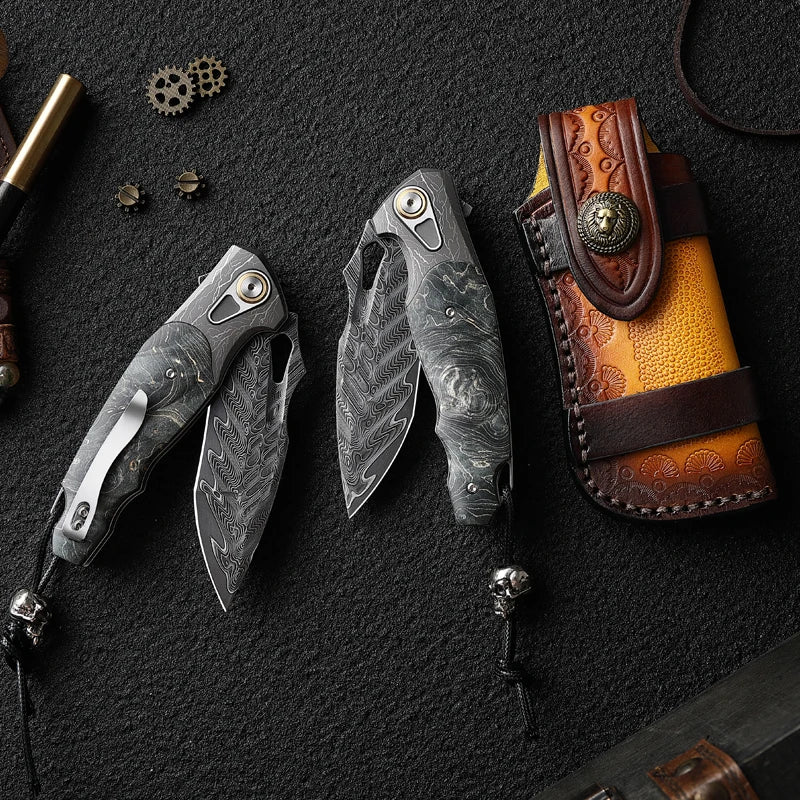 ALVELY DIY Supplies Folding Knife Damascus Steel Outdoor EDC Camping Hunting