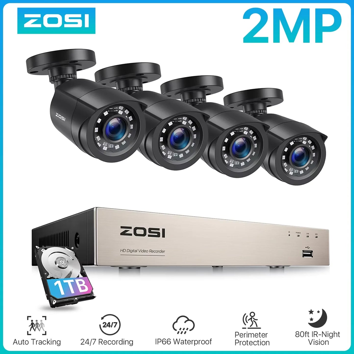 ZOSI 8CH 1080P CCTV System With 2MP Wired Outdoor Cameras