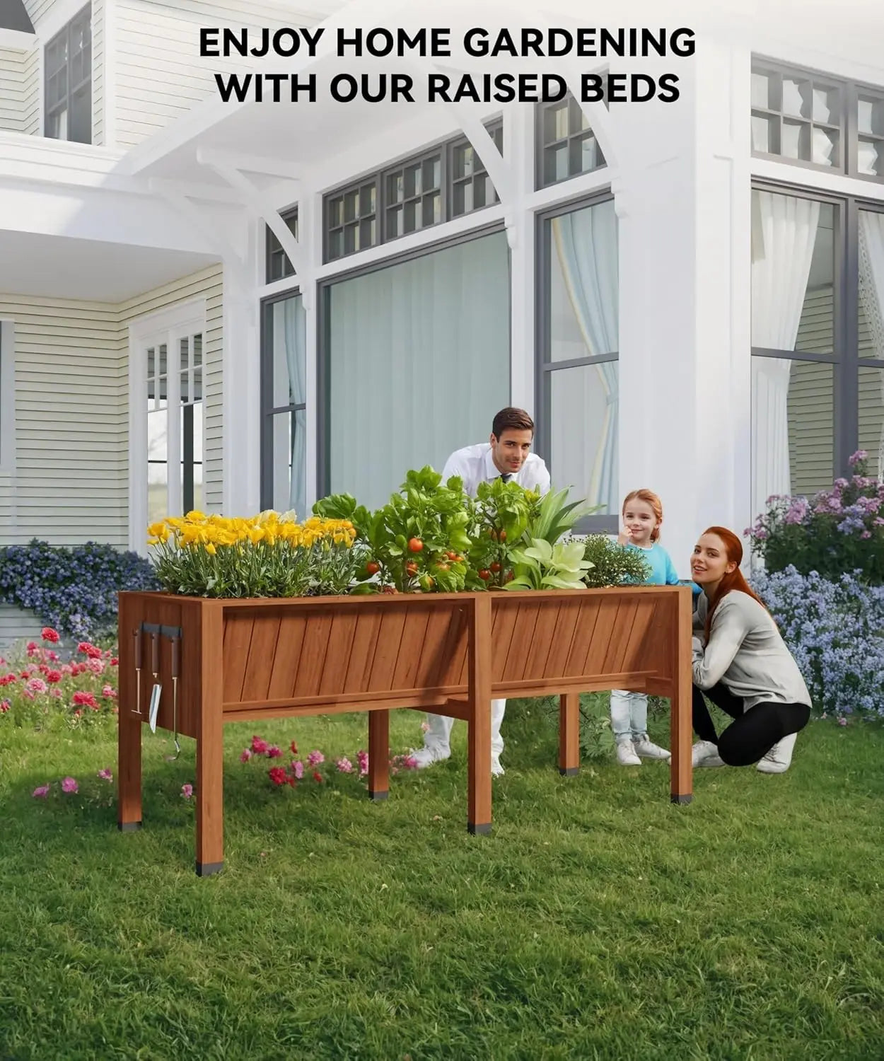 HiMISS Raised Wooden Garden Bed With Tool Hooks And Legs
