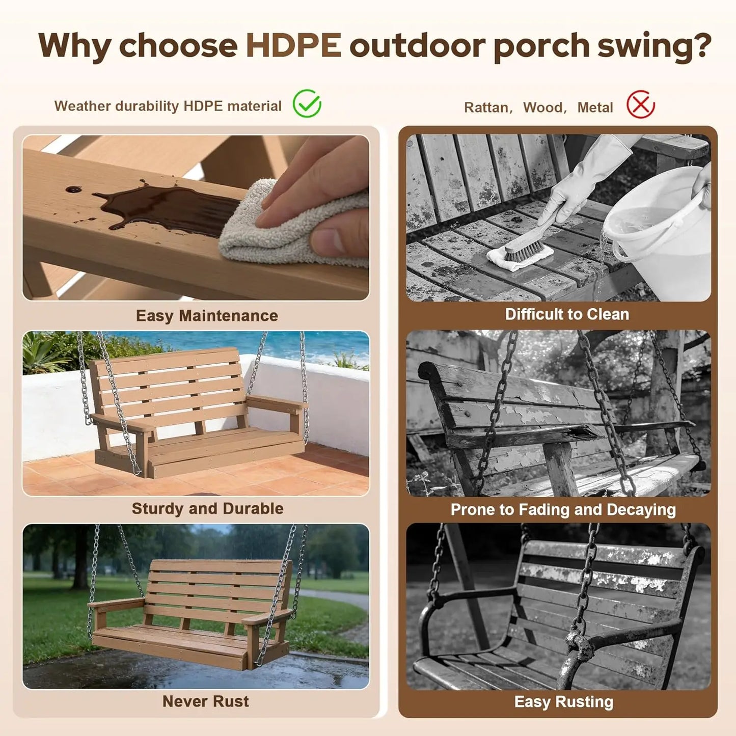 Waterproof Porch Swing 600 Lbs Capacity Outdoor Patio