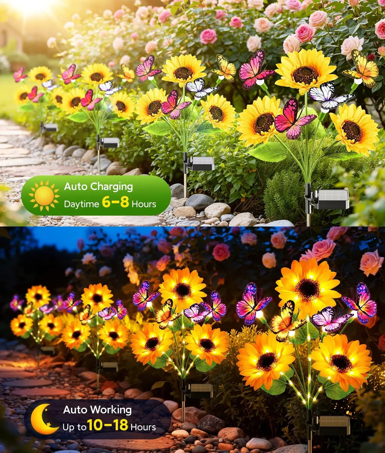 Solar Garden Lights Outdoor Decor, Upgraded 4 Pack Solar Sunflower Lights with 16 Butterflies, Solar Flowers Outdoor Waterproof for Yard Lawn Garden Decor, Sunflower Gifts for Mom Women Grandma