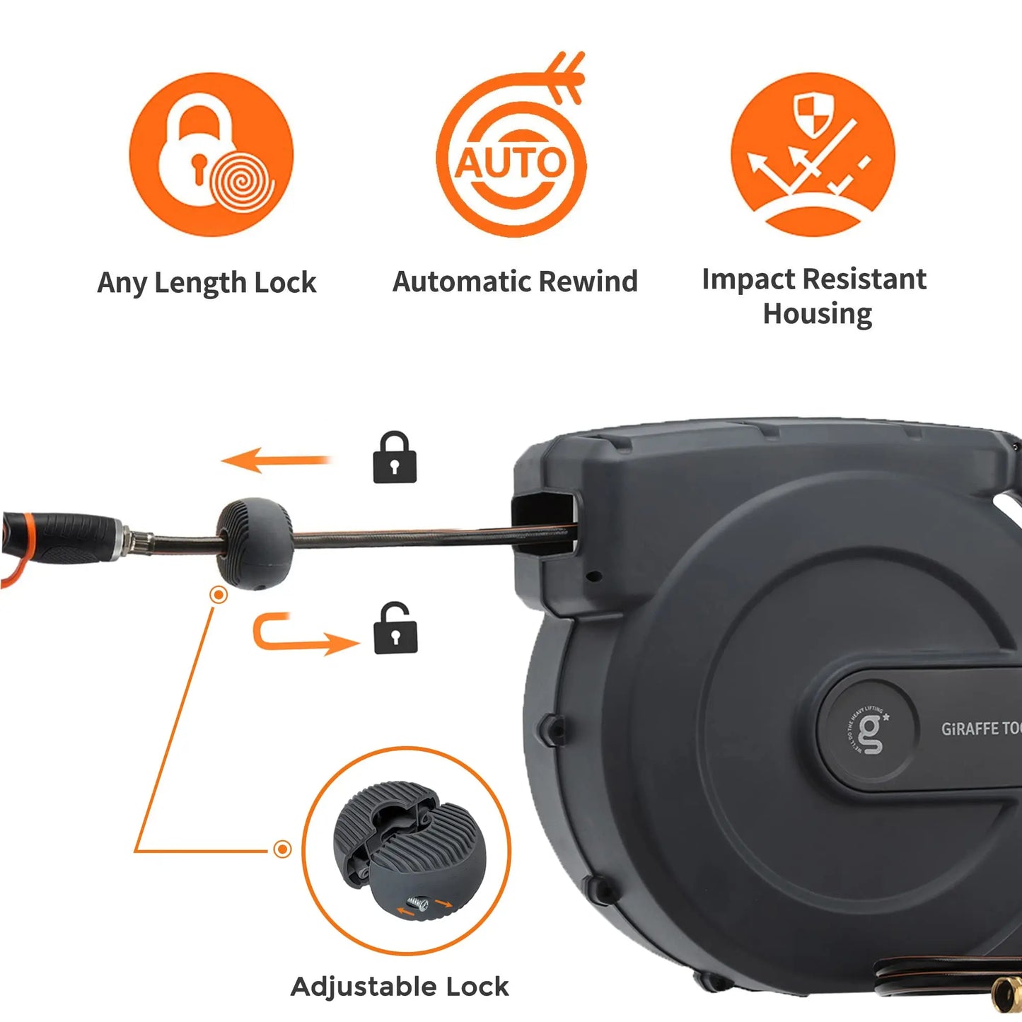 Giraffe Tools AW50 Hose Reel Heavy Duty Retractable With Any Length Lock