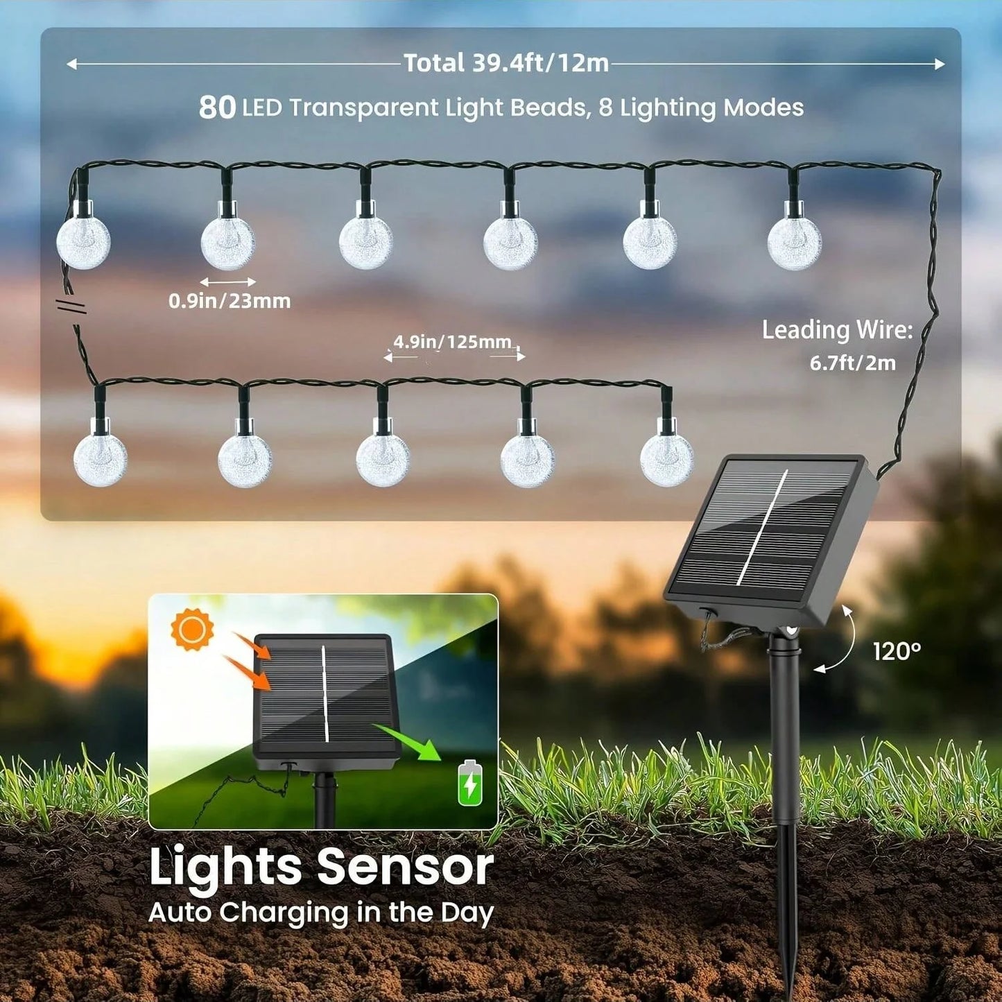 Solar String Lights Outdoor Waterproof, 2 Pack Total 120 LED 73 FT, Solar Powered Patio Lights with 8 Lighting Modes for Garden Yard Porch Wedding Party Decor