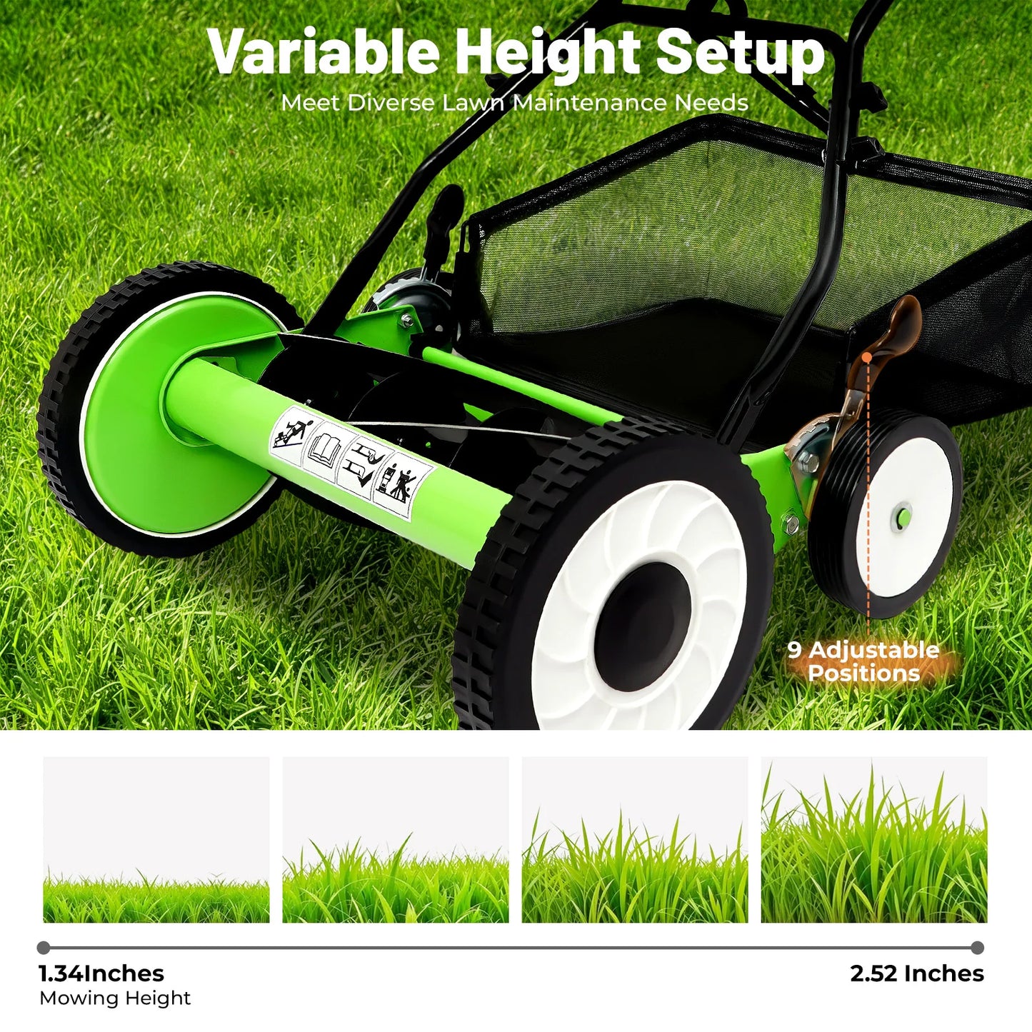 16 Inch Manual Push Reel Lawn Mower 5-Blade Cordless Lawn Mower with 4 Wheels and Removable Grass Catcher for Home Garden Yard