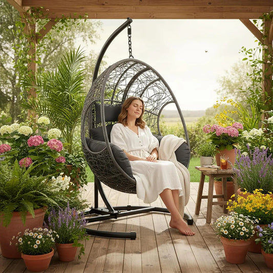 Hanging Egg Chair Outdoor Swing Stand With PE Wicker Cushion