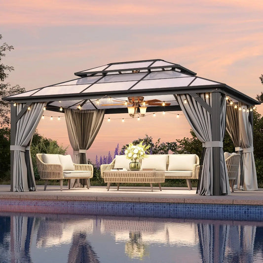12x16 Hardtop Gazebo Outdoor Metal Double Polycarbonate Roof Netting Curtains Lawn Garden Patio Brown, Custom