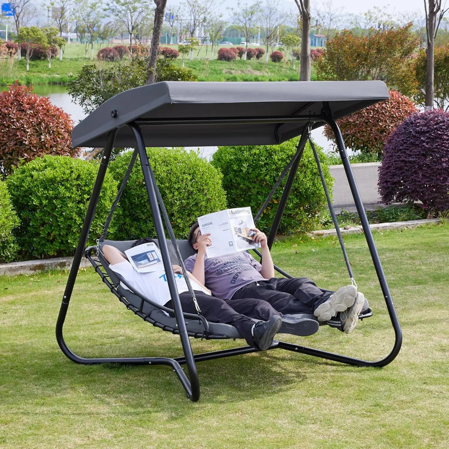 Hammock Swing Chair Recliner With Adjustable Canopy Cushioned Outdoor Patio