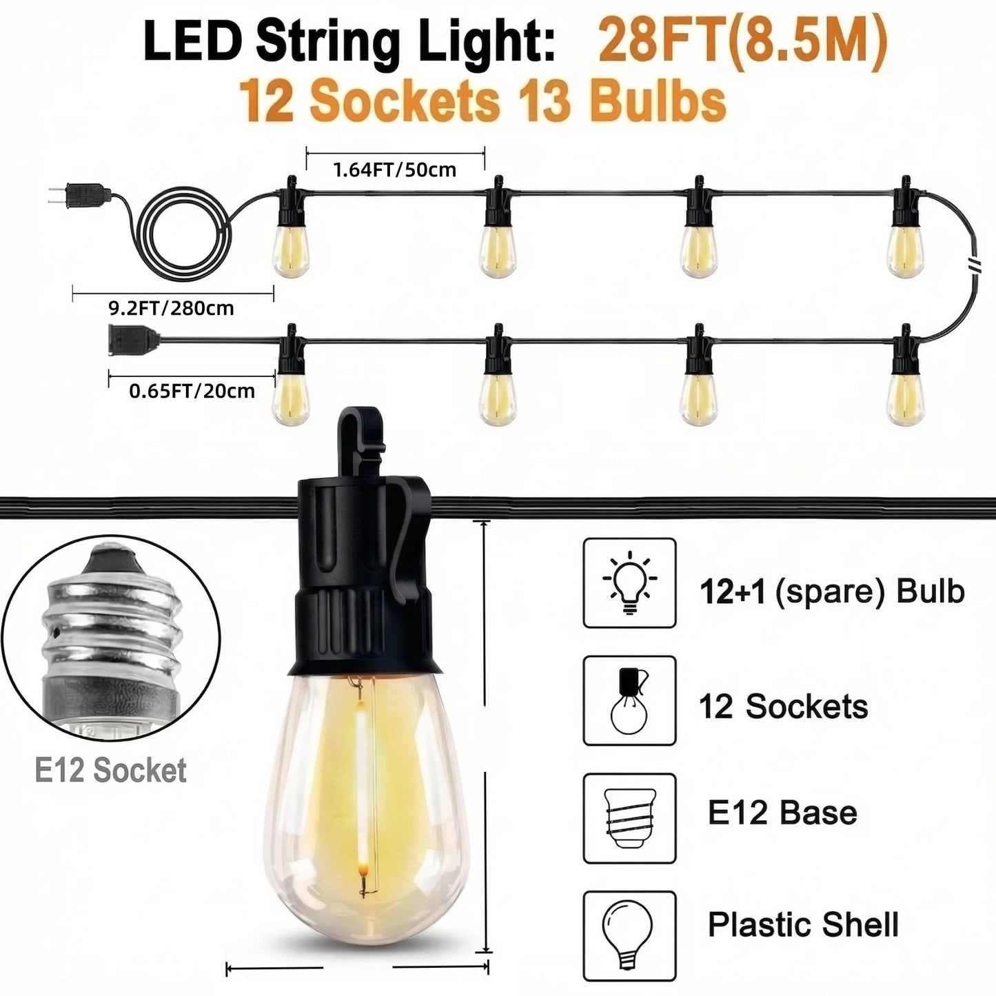 Outdoor String Lights LED Patio-Light - 105Ft/60FT/28FT Outside Waterproof Porch Lights With Shatterproof S14 Bulbs Outside Hanging Light Connectable Lighting For Gazebo Backyard Bistro Pergola And Camping, 2700K