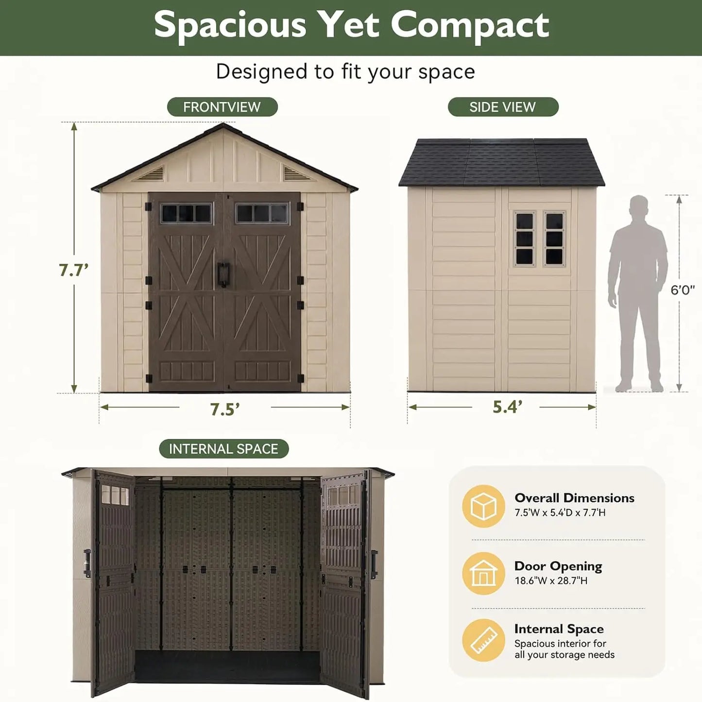 8x6ft Large Resin Outdoor Storage Shed with Floor, Lockable Door & Windows, HDPE for Garden, Custom